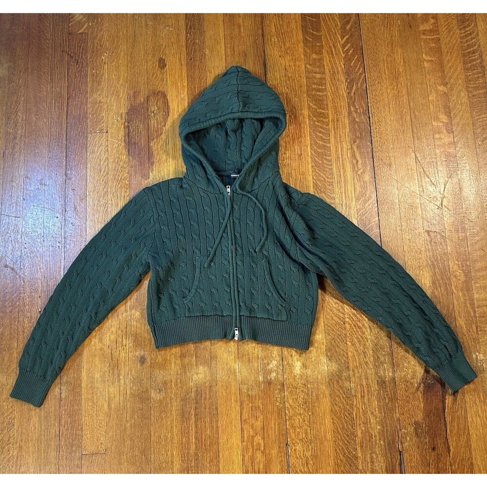 Brandy Melville Cropped Zipup Hoodie Women's Green One Size Cable Knit